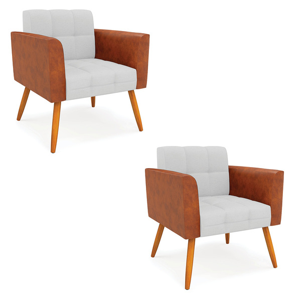 Poltrona Pés Palito Castanho Kit 2 Elisa Nozes/linho Cinza A0