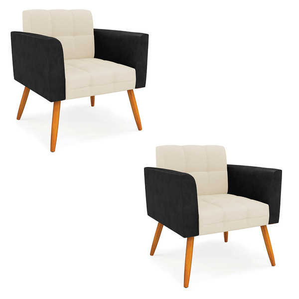 Poltrona Pés Palito Castanho Kit 2 Elisa Preto/linho Bege A19