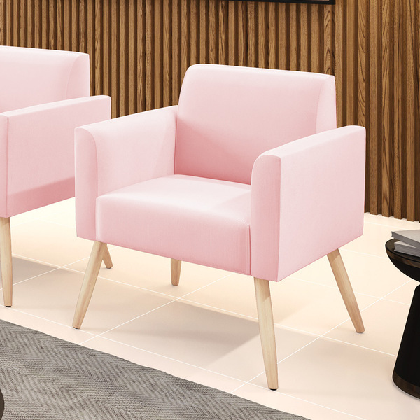 Poltrona Pés Palito Natural Marisa Suede Rosa Bebê