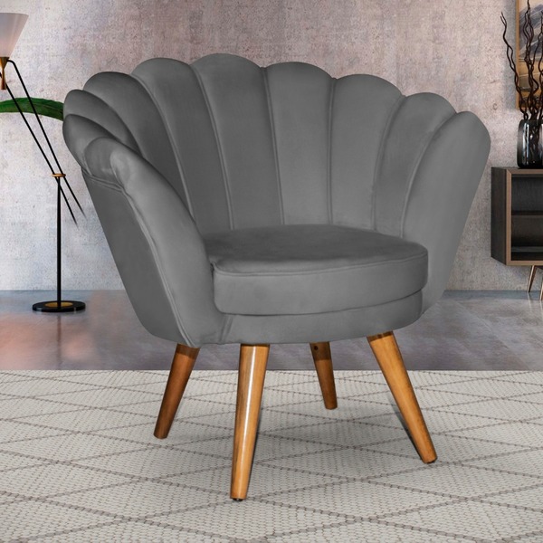 Poltrona Pétala Girassol Retro Cinza Confortável Puff Veludo