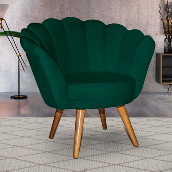 Poltrona Pétala Puff Verde Aveludado Pés Palito Cores Vivas