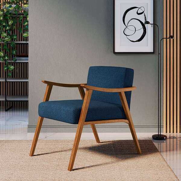 Poltrona Ravena Poliéster Azul Marinho E Nogueira