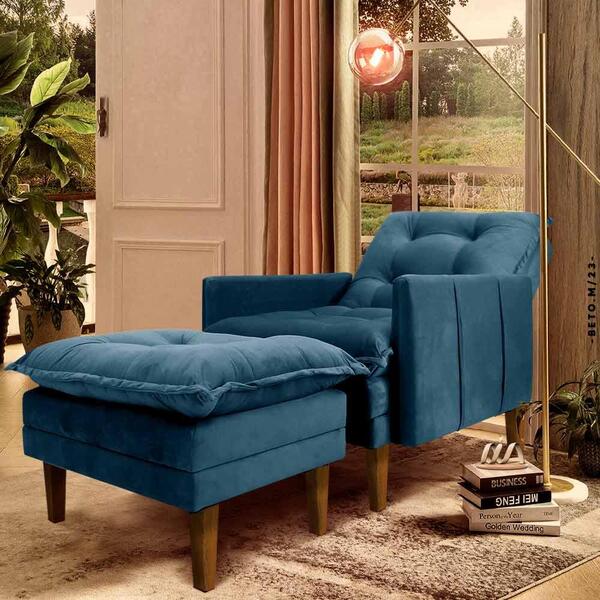 Poltrona Reclinável Com Puff Veludo Azul Inter Shop Jm