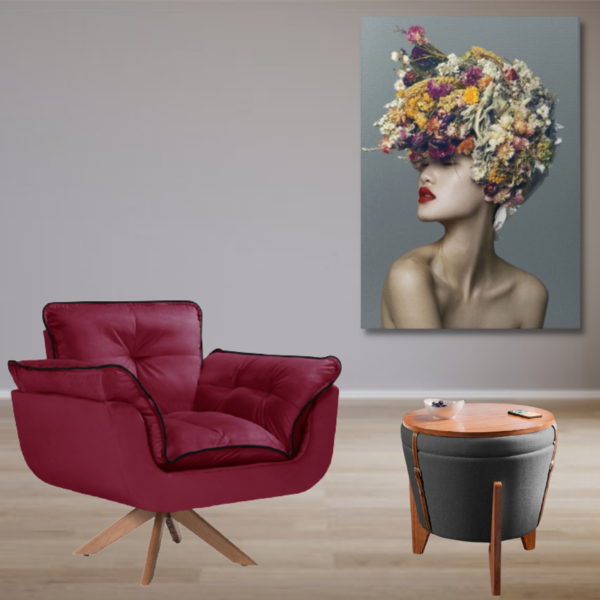 Poltrona Retrô Bordô Puff Flex Escuro E Quadro Mulher E Flore
