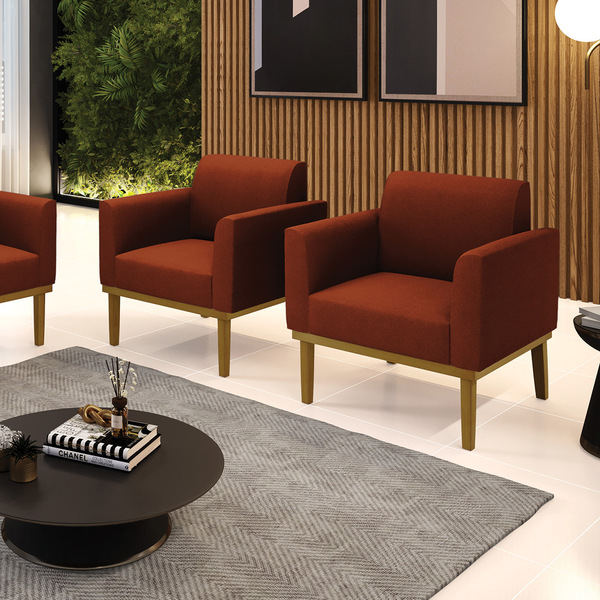 Poltrona Sala Base Madeira Castanho Kit 2 Marisa Bouclê D03 -