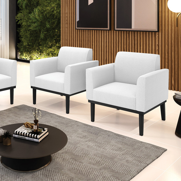 Poltrona Sala Base Madeira Preto Kit 2 Marisa Bouclê Off Whit