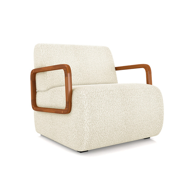 Poltrona Sala De Estar Braço De Madeira Hellen Bouclê Bege K0