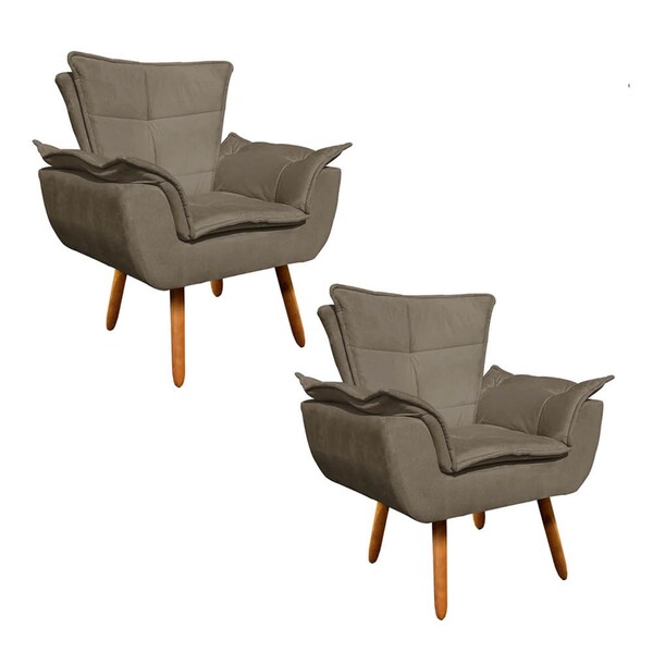 Poltrona Sala De Estar Pé Palito De Madeira Kit 2 Opala Suede
