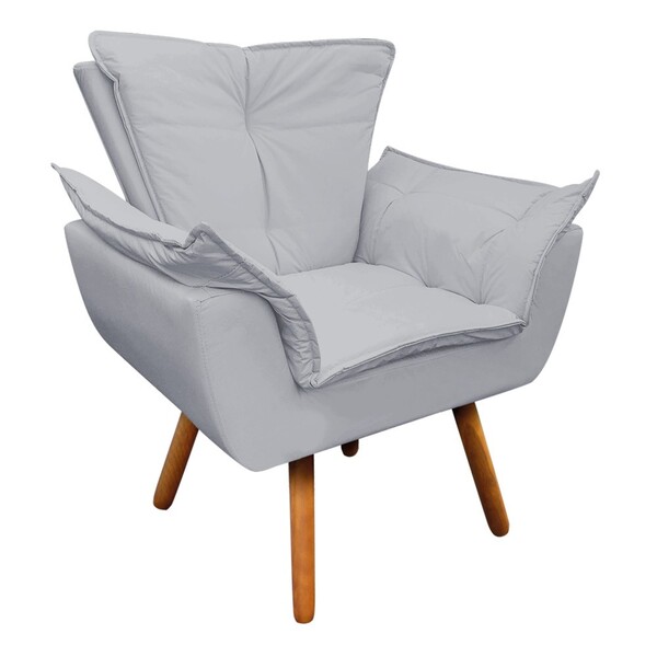 Poltrona Sala De Estar Pé Palito De Madeira Opala Corino Cinza