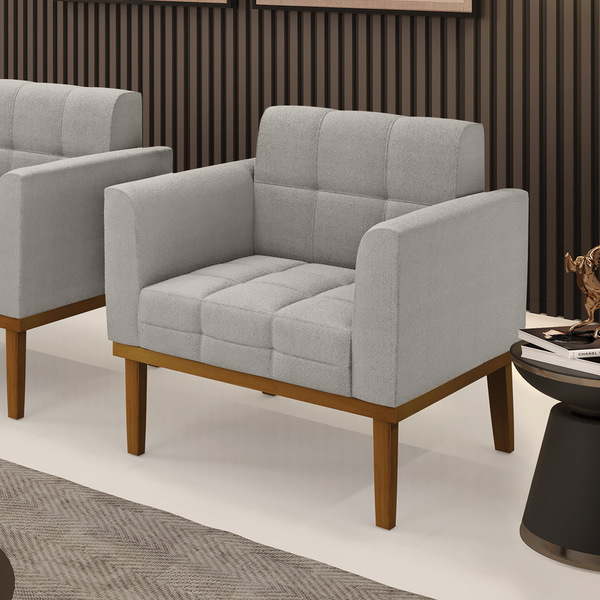 Poltrona Sala Decorativa Elisa Base De Madeira Castanho Boucl