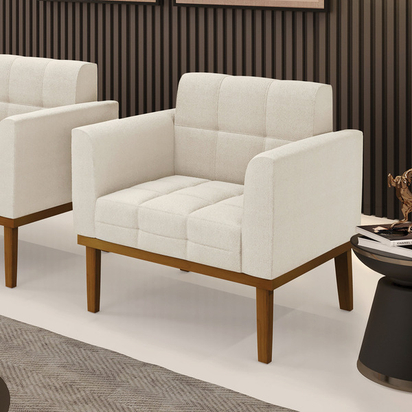 Poltrona Sala Decorativa Elisa Base De Madeira Castanho Boucl