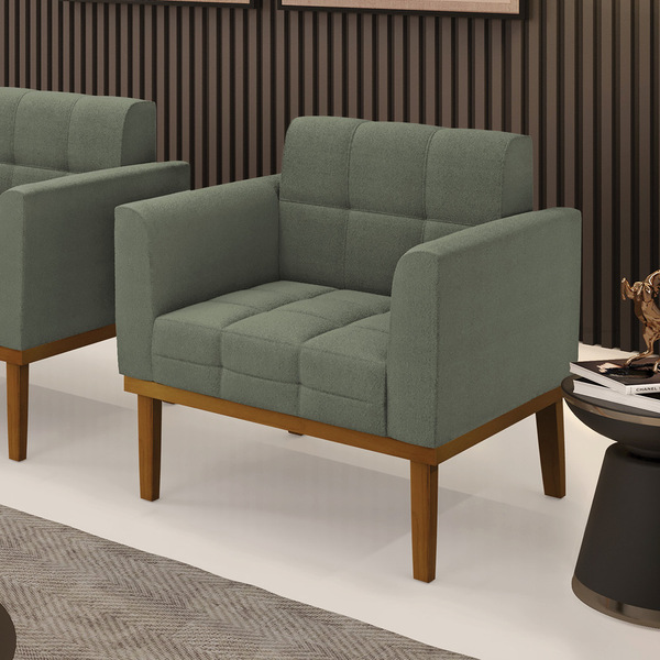 Poltrona Sala Decorativa Elisa Base De Madeira Castanho Boucl