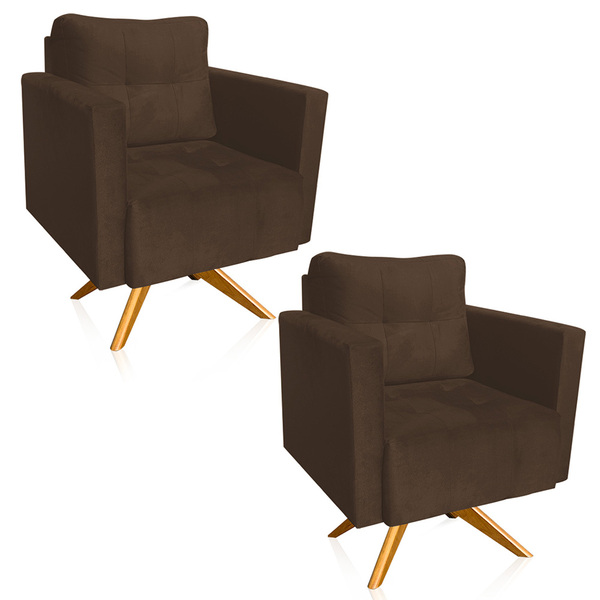 Poltrona Sala Decorativa Kit 2 Livia Giratória Madeira Suede