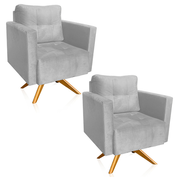 Poltrona Sala Decorativa Kit 2 Livia Giratória Madeira Suede