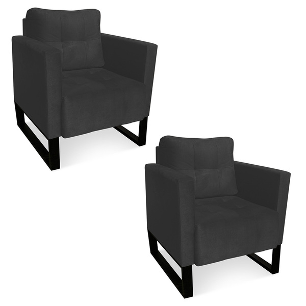 Poltrona Sala Decorativa Kit 2 Livia Industrial Preto Suede P