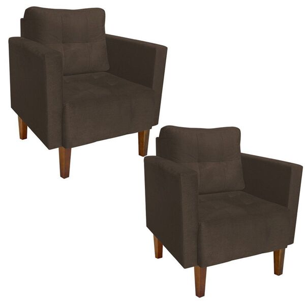Poltrona Sala Decorativa Kit 2 Livia Pé Madeira Castanho Sued