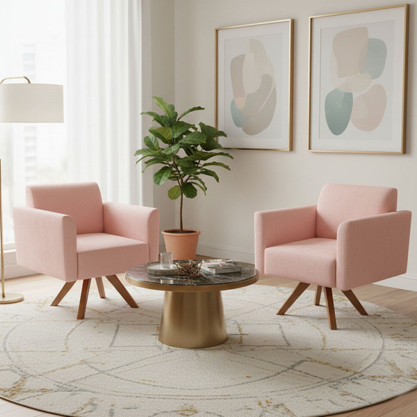 Poltrona Sala Decorativa Kit 2 Marisa Giratória Madeira Suede