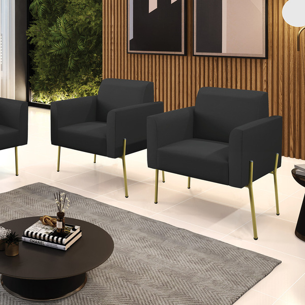 Poltrona Sala Decorativa Kit 2 Marisa Pé Aço Dourado Sintétic