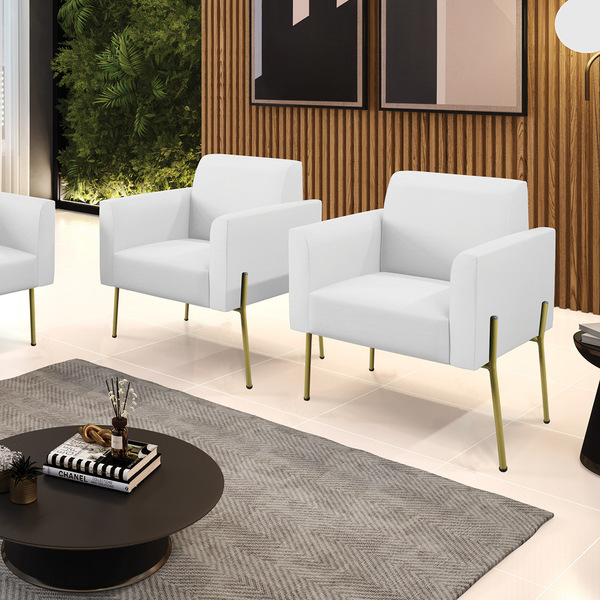 Poltrona Sala Decorativa Kit 2 Marisa Pé Aço Dourado Sintétic