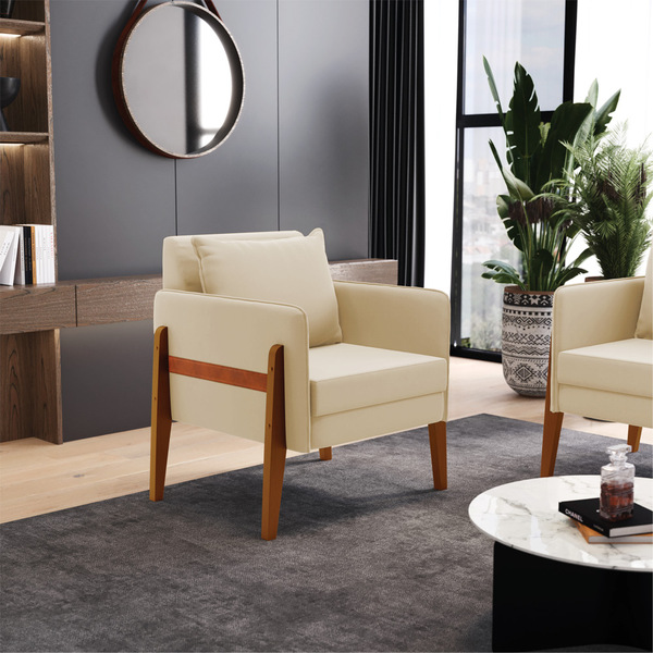 Poltrona Sala Decorativa Lana Suede Bege Base Madeira D03 - D