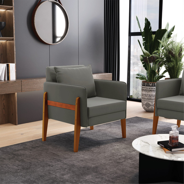 Poltrona Sala Decorativa Lana Suede Grafite Base Madeira D03