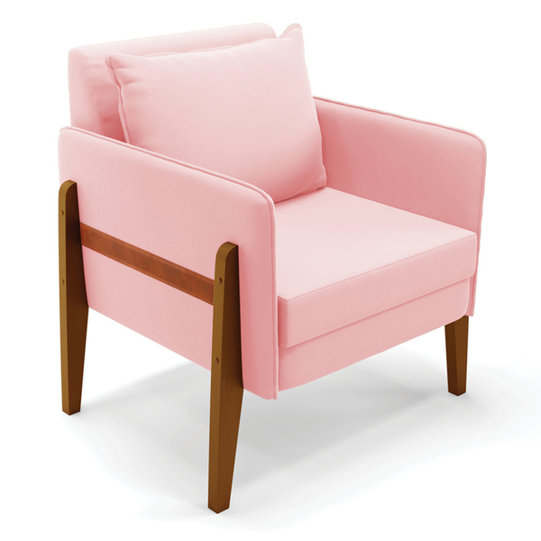 Poltrona Sala Decorativa Lana Suede Rosa Bebê Base Madeira D0