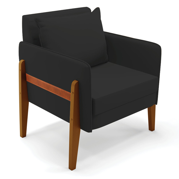 Poltrona Sala Decorativa Lana Veludo Preto Base Madeira D03 -