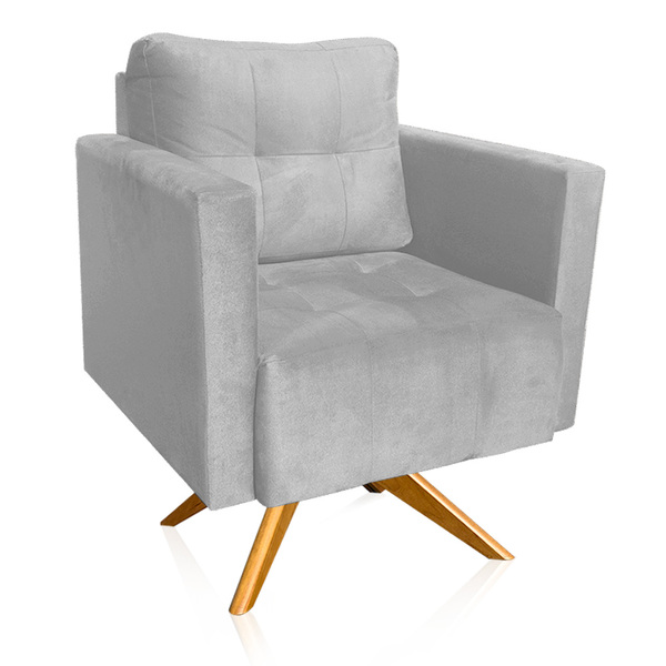 Poltrona Sala Decorativa Livia Giratória Madeira Suede Cinza