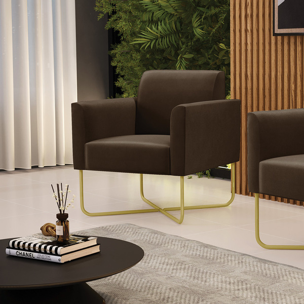 Poltrona Sala Decorativa Marisa Aço Industrial X Dourado Sued