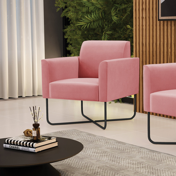 Poltrona Sala Decorativa Marisa Aço Industrial X Preto Suede