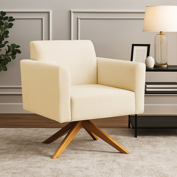 Poltrona Sala Decorativa Marisa Giratória Madeira Suede D03 -