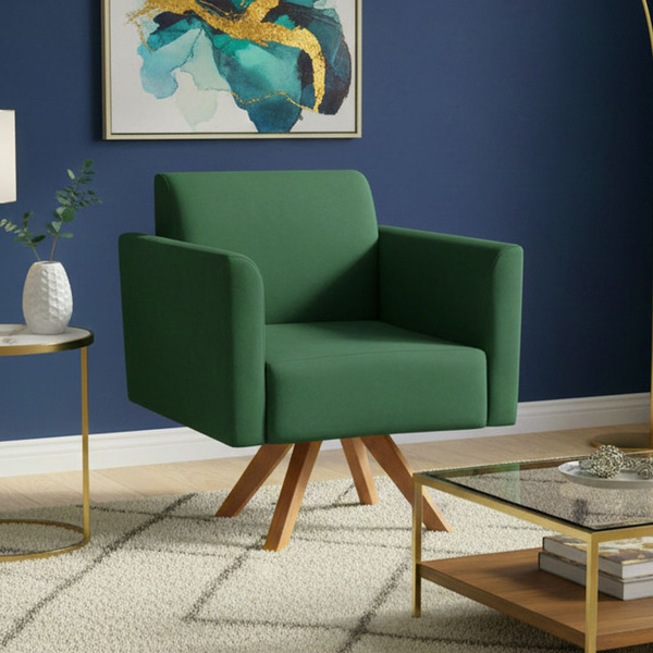 Poltrona Sala Decorativa Marisa Giratória Madeira Suede Verde