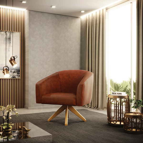 Poltrona Sala Decorativa Stella Base De Madeira Giratória Sin