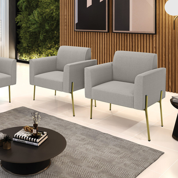 Poltrona Sala Estar Pé Ferro Dourado Kit 2 Marisa Bouclê Cinz