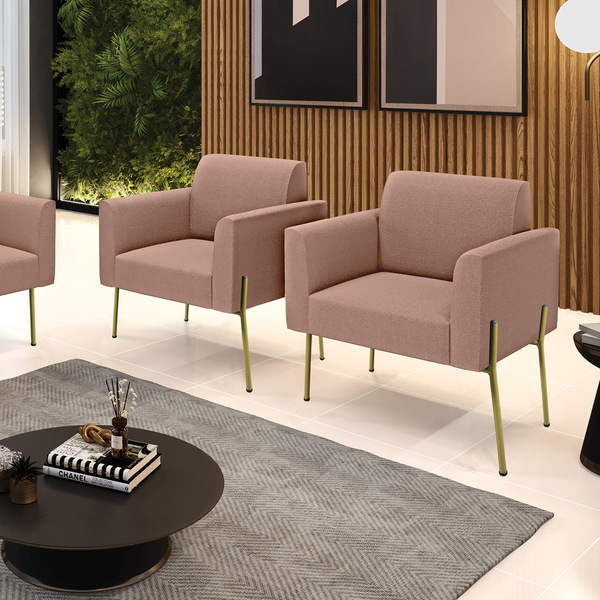 Poltrona Sala Estar Pé Ferro Dourado Kit 2 Marisa Bouclê D03