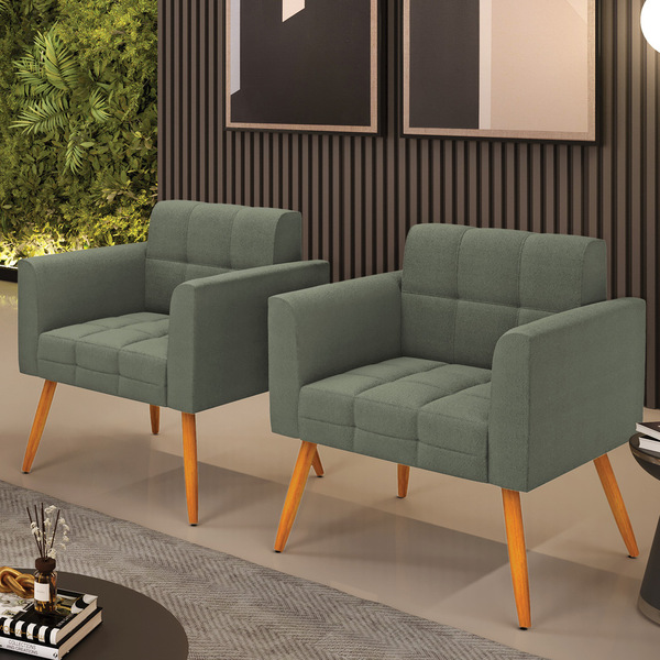 Poltrona Sala Estar Pé Palito Castanho Kit 2 Elisa Bouclê D03