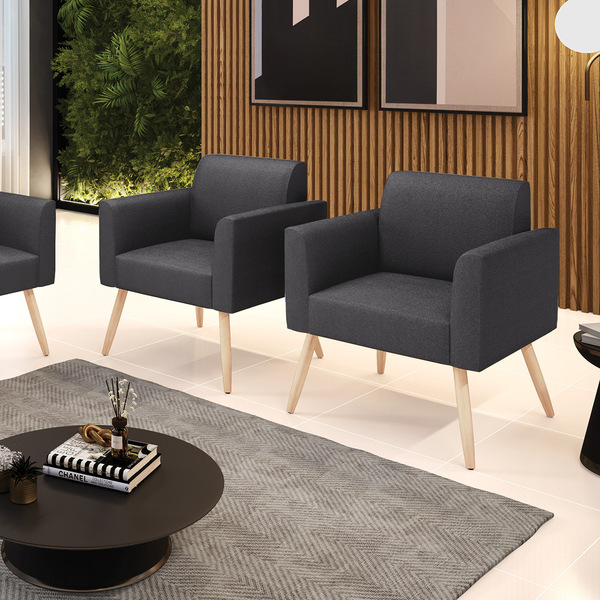 Poltrona Sala Estar Pé Palito Natural Kit 2 Marisa Bouclê Gra