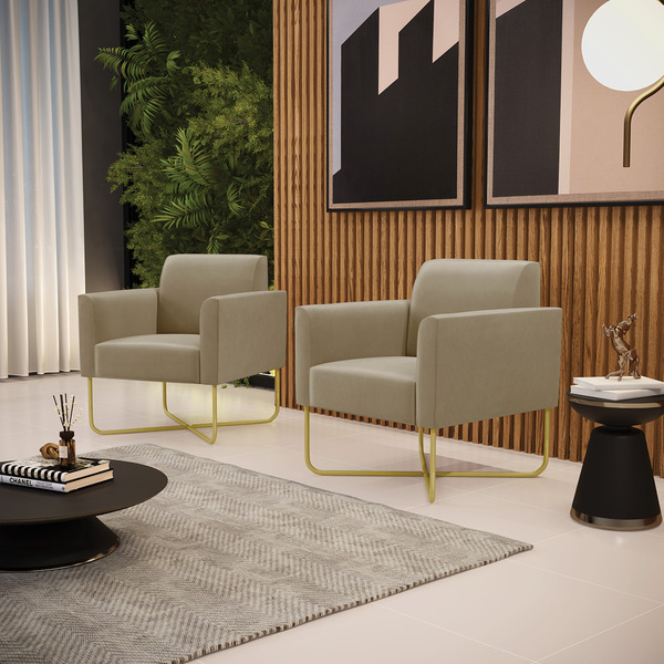 Poltrona Sala Kit 2 Marisa Aço Industrial X Dourado Suede Rat