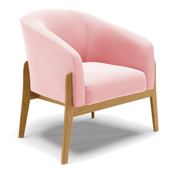 Poltrona Stella Suede Rosa Bebê Base Madeira Castanho D03 - D