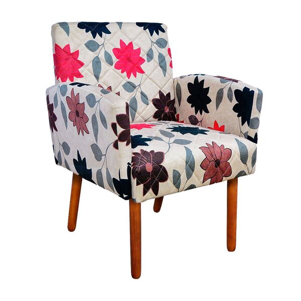 Poltrona Veronês Estampado Floral Bege D59  Pés Palito Castan