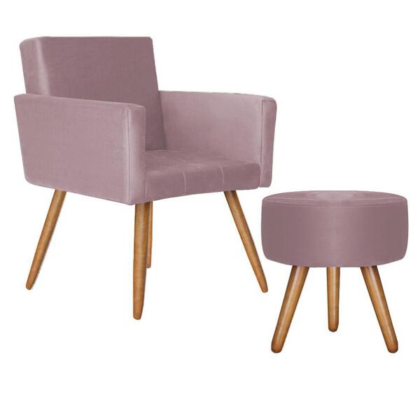 Poltrona Vitória Com Puff Bali Decorativo Veludo Rosê D'rost
