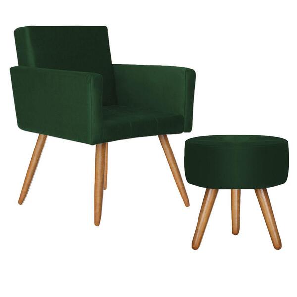 Poltrona Vitória Com Puff Bali Decorativo Veludo Verde Kasa S