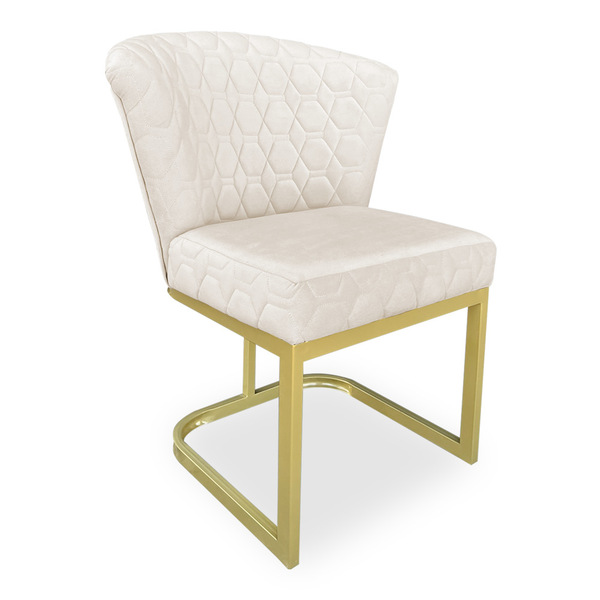 Poltrona Vitória Veludo Bege Matelassê Base Metálica Industri