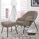 Poltrona Womb Chair Com Puff Base Preta Linho Bege