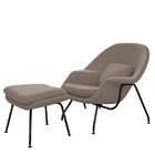 Poltrona Womb Chair Com Puff Base Preta Linho Bege