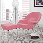 Poltrona Womb Chair Com Puff Cromada Linho Rosa
