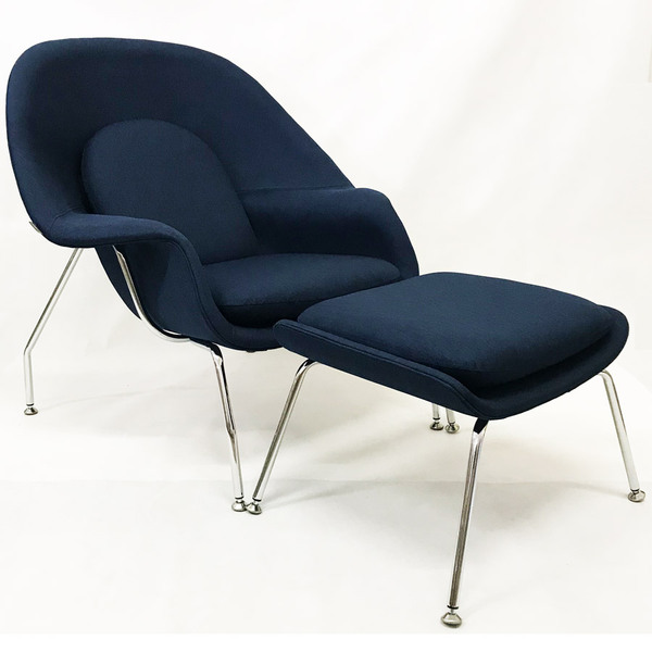 Poltrona Womb Chair Com Puff Linho Azul Marinho - Poltronas D