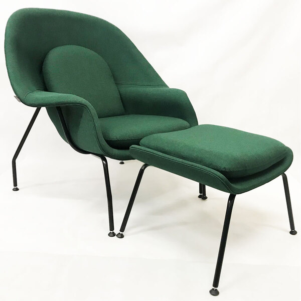 Poltrona Womb Chair Com Puff Linho Verde Base Preta - Poltron