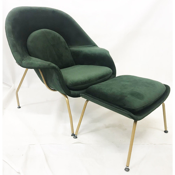 Poltrona Womb Chair Com Puff Tecido Veludo Verde Militar Base