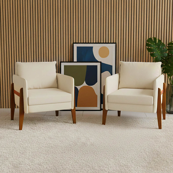 Poltronas Sala Decorativa Kit 02 Lana Linho Bege Base Madeira